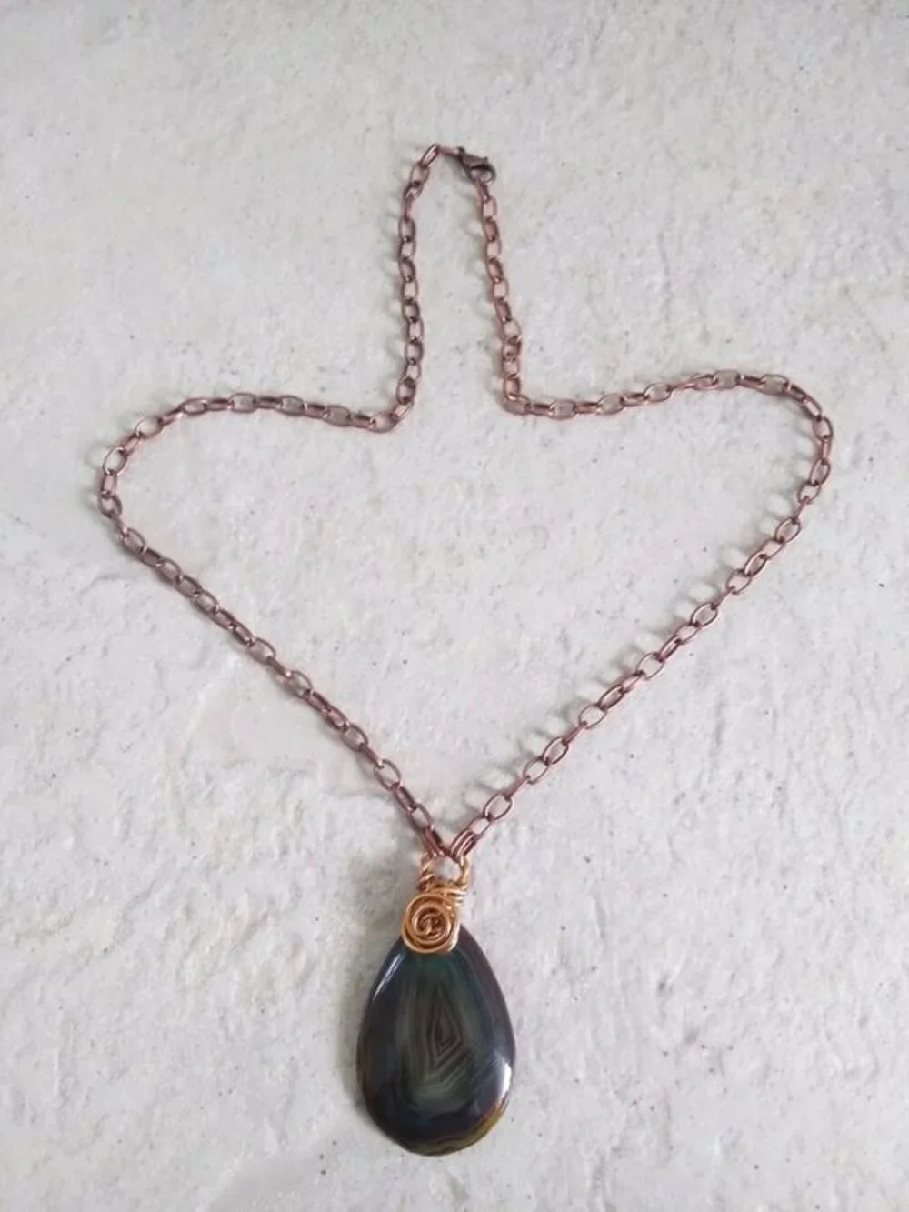 Earthy Muted Browns + Greens! Gorgeous Banded Agate Teardrop Pendant + Chain!